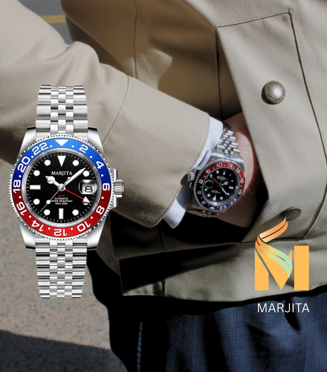 MARJITA Automatic GMT "Pepsi" Bezel Edition Bold