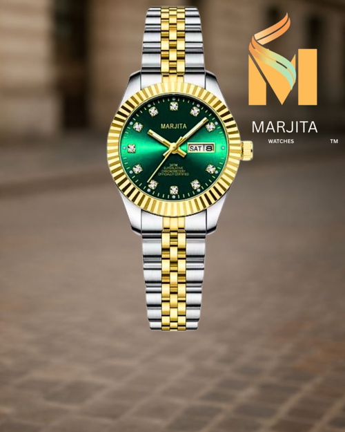 Marjita watch with green face and gold accents on a blurred background